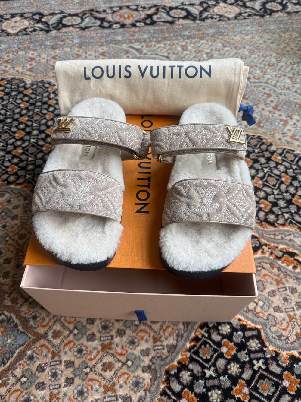 Louis Vuitton Cream Embroidered Shearling Slide Mules with Gold LV Accent